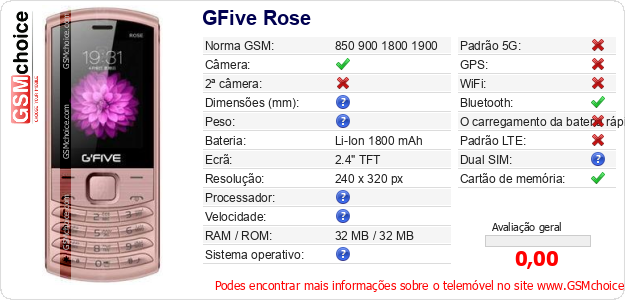 GFive Rose Especificações técnicas do telemóvel GFive Rose Especificações técnicas do telemóvel