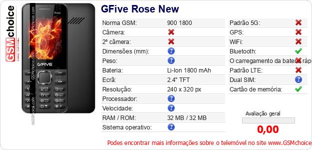 GFive Rose New Especificações técnicas do telemóvel GFive Rose New Especificações técnicas do telemóvel