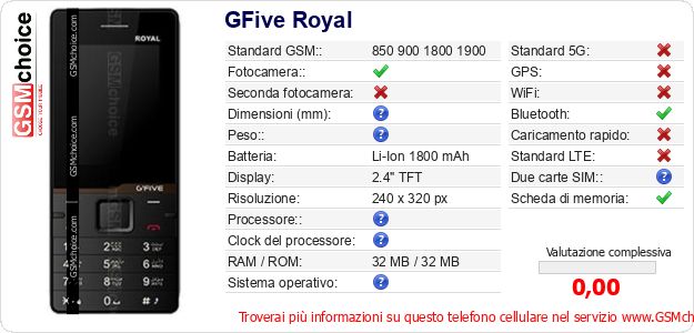 GFive Royal Dati tecnici di telefono cellulare GFive Royal Dati tecnici di telefono cellulare