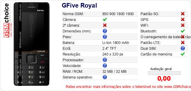 GFive Royal Especificações técnicas do telemóvel 