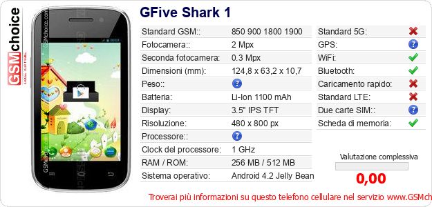 GFive Shark 1 Dati tecnici di telefono cellulare 