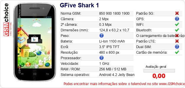 GFive Shark 1 Especificações técnicas do telemóvel GFive Shark 1 Especificações técnicas do telemóvel