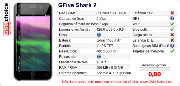 GFive Shark 2 Datos técnicos del móvil GFive Shark 2 Datos técnicos del móvil