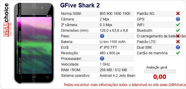 GFive Shark 2 Especificações técnicas do telemóvel 