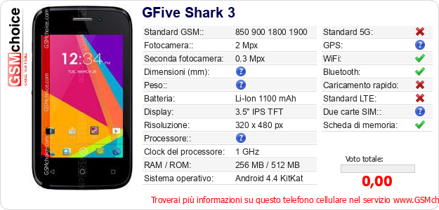 GFive Shark 3 Dati tecnici di telefono cellulare 