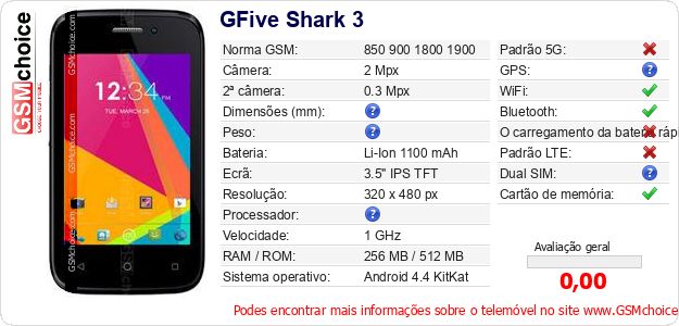 GFive Shark 3 Especificações técnicas do telemóvel GFive Shark 3 Especificações técnicas do telemóvel