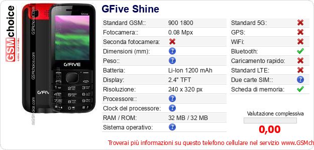 GFive Shine Dati tecnici di telefono cellulare 