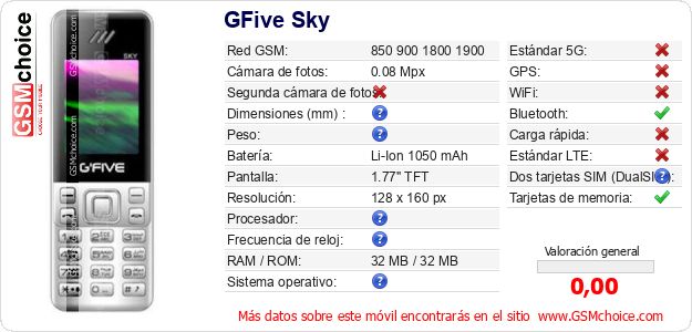 GFive Sky Datos técnicos del móvil GFive Sky Datos técnicos del móvil