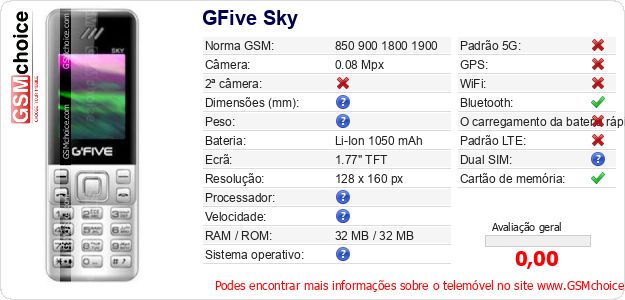 GFive Sky Especificações técnicas do telemóvel 