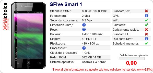 GFive Smart 1 Dati tecnici di telefono cellulare 