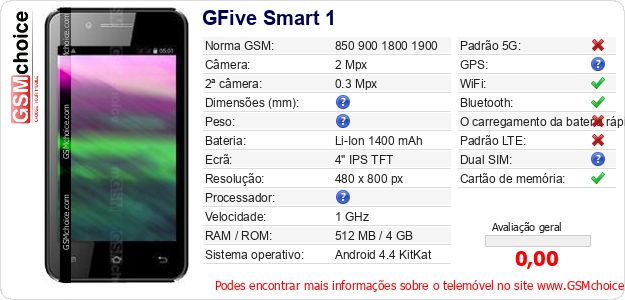 GFive Smart 1 Especificações técnicas do telemóvel 