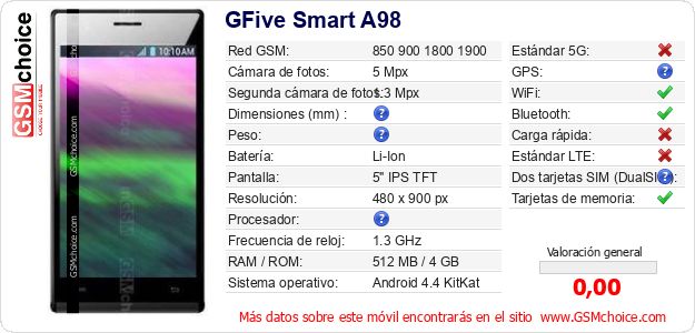 GFive Smart A98 Datos técnicos del móvil GFive Smart A98 Datos técnicos del móvil