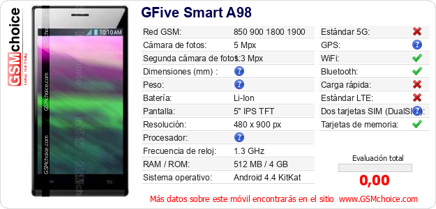 GFive Smart A98 Datos técnicos del móvil 