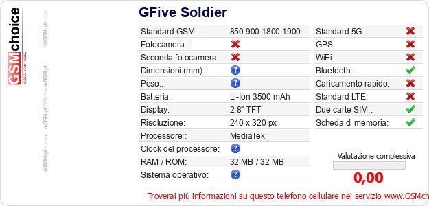 GFive Soldier Dati tecnici di telefono cellulare GFive Soldier Dati tecnici di telefono cellulare