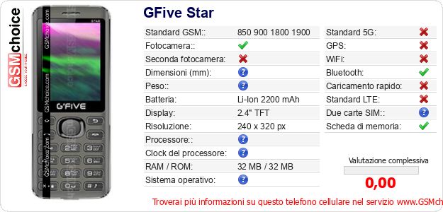 GFive Star Dati tecnici di telefono cellulare GFive Star Dati tecnici di telefono cellulare