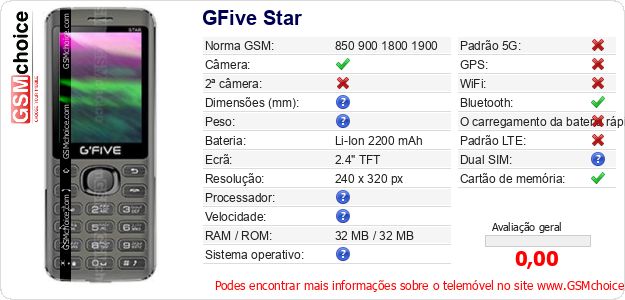 GFive Star Especificações técnicas do telemóvel 