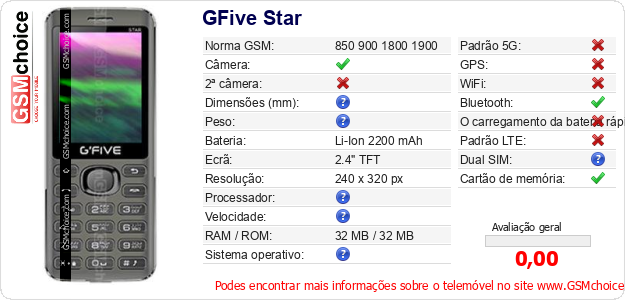 GFive Star Especificações técnicas do telemóvel GFive Star Especificações técnicas do telemóvel