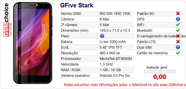 GFive Stark Especificações técnicas do telemóvel GFive Stark Especificações técnicas do telemóvel