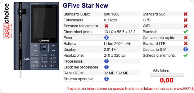 GFive Star New Dati tecnici di telefono cellulare 