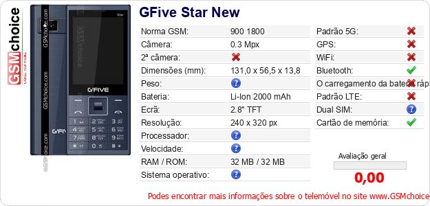 GFive Star New Especificações técnicas do telemóvel 