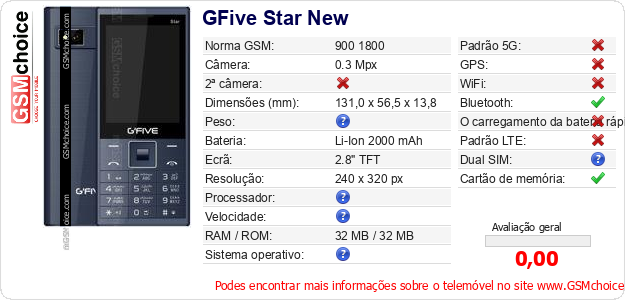 GFive Star New Especificações técnicas do telemóvel 