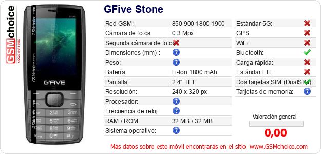 GFive Stone Datos técnicos del móvil GFive Stone Datos técnicos del móvil
