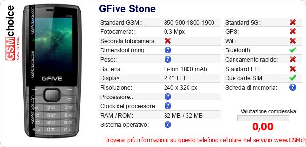 GFive Stone Dati tecnici di telefono cellulare 
