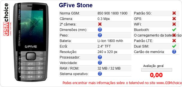 GFive Stone Especificações técnicas do telemóvel 