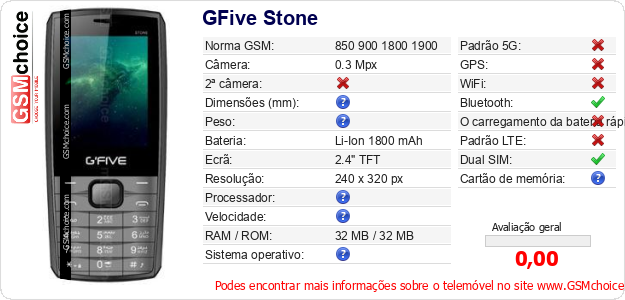 GFive Stone Especificações técnicas do telemóvel 