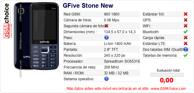 GFive Stone New Datos técnicos del móvil GFive Stone New Datos técnicos del móvil