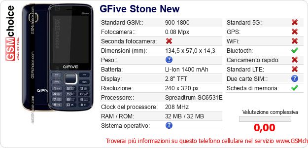 GFive Stone New Dati tecnici di telefono cellulare GFive Stone New Dati tecnici di telefono cellulare