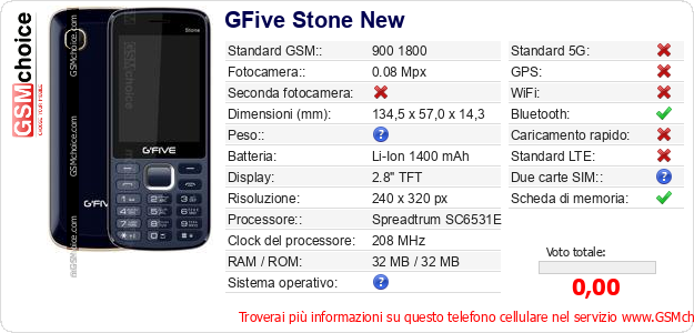 GFive Stone New Dati tecnici di telefono cellulare GFive Stone New Dati tecnici di telefono cellulare