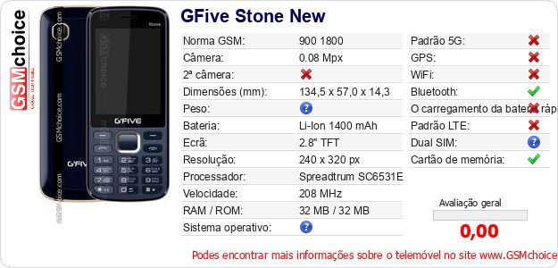GFive Stone New Especificações técnicas do telemóvel GFive Stone New Especificações técnicas do telemóvel