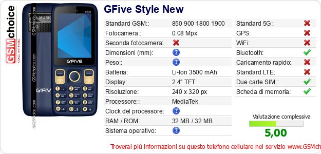 GFive Style New Dati tecnici di telefono cellulare 