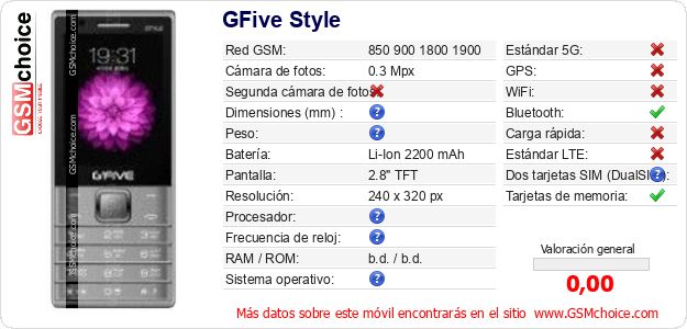 GFive Style Datos técnicos del móvil GFive Style Datos técnicos del móvil
