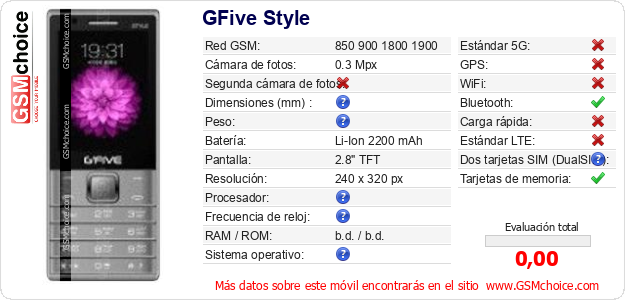 GFive Style Datos técnicos del móvil GFive Style Datos técnicos del móvil