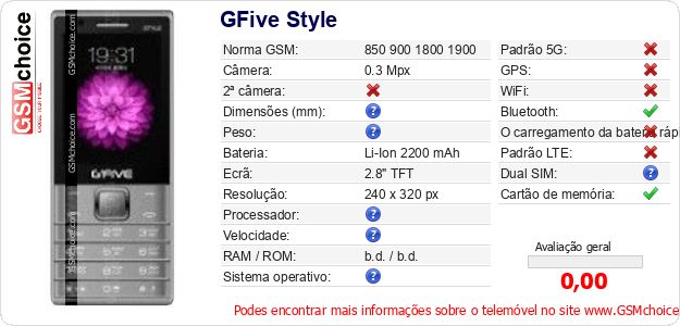 GFive Style Especificações técnicas do telemóvel 
