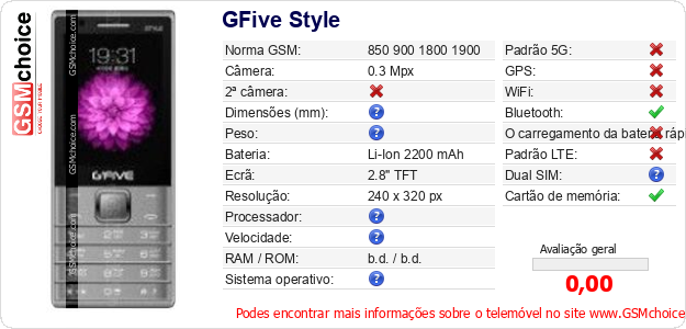 GFive Style Especificações técnicas do telemóvel 