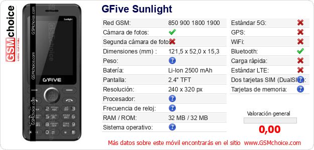 GFive Sunlight Datos técnicos del móvil GFive Sunlight Datos técnicos del móvil