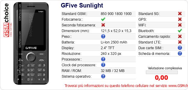 GFive Sunlight Dati tecnici di telefono cellulare 