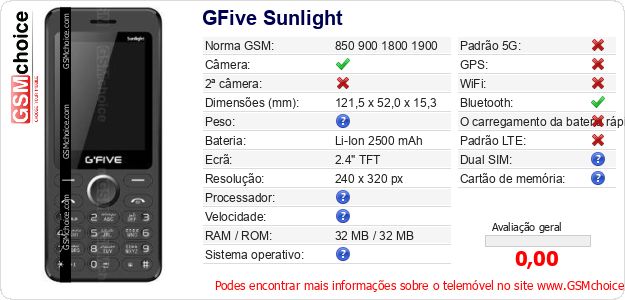 GFive Sunlight Especificações técnicas do telemóvel GFive Sunlight Especificações técnicas do telemóvel