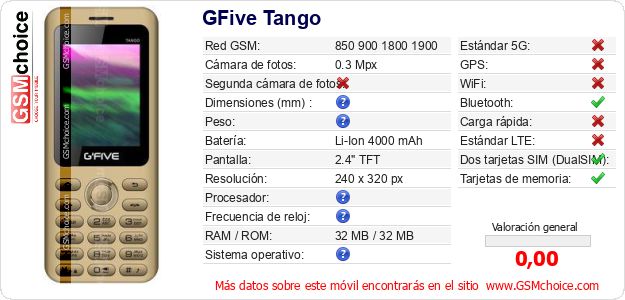 GFive Tango Datos técnicos del móvil GFive Tango Datos técnicos del móvil