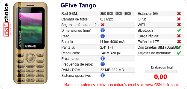 GFive Tango Datos técnicos del móvil GFive Tango Datos técnicos del móvil