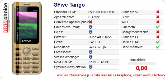 GFive Tango Fiche technique GFive Tango Fiche technique