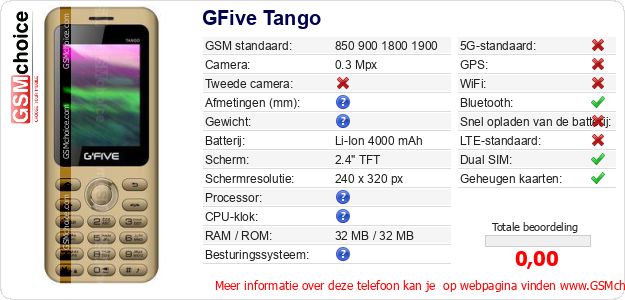 GFive Tango Technische gegevens GFive Tango Technische gegevens