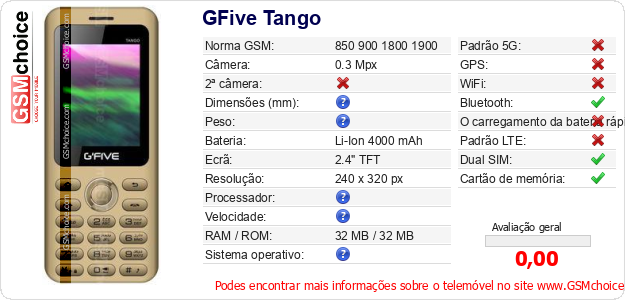 GFive Tango Especificações técnicas do telemóvel GFive Tango Especificações técnicas do telemóvel