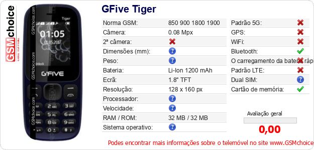 GFive Tiger Especificações técnicas do telemóvel 