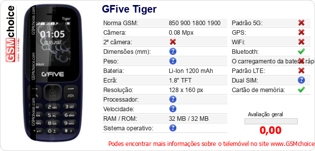 GFive Tiger Especificações técnicas do telemóvel 