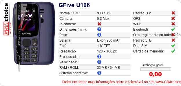 GFive U106 Especificações técnicas do telemóvel 