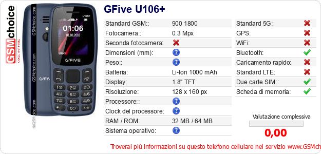 GFive U106+ Dati tecnici di telefono cellulare GFive U106+ Dati tecnici di telefono cellulare